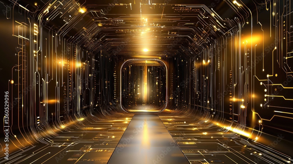 Poster futuristic abstract background with layered depth and glowing digital circuits.