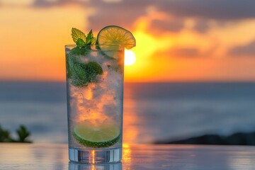 Sparkling mojito enjoying a tropical sunset at the beach bar