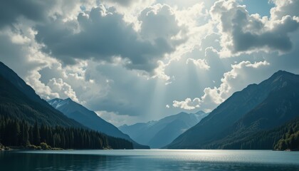 Obraz premium Serene Mountain Lake Under Dramatic Clouds and Sunrays