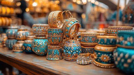 Ornate, handcrafted bangles and decorative containers in vibrant teal and gold