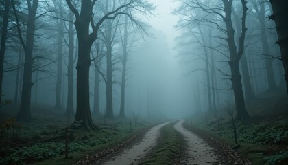 Naklejka premium Misty Forest Path in Autumn with Fog and Tall Trees at Dusk