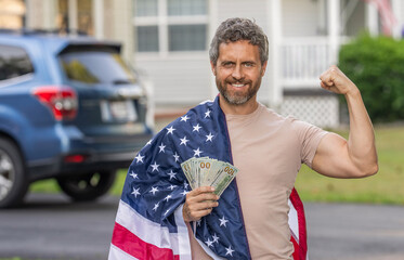 Inflation concept. American tax policy. Hispanic man and USA flag. Paying tax in America. Value...