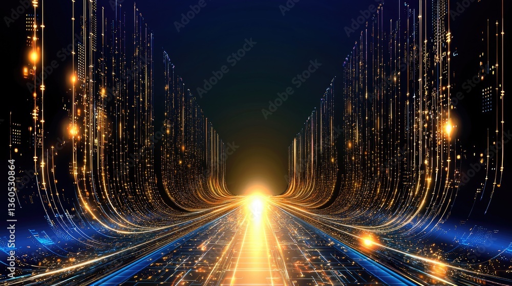 Poster high-tech background with cascading glowing particles and streaks forming a digital grid.