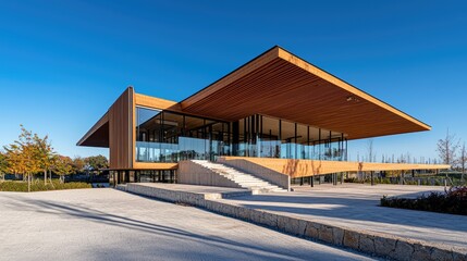 High-quality image of a modern wooden house frame under construction, set against a clear blue sky.