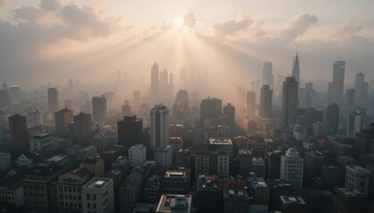 Obraz premium Ethereal Cityscape at Sunrise with Mist and Soft Light Rays