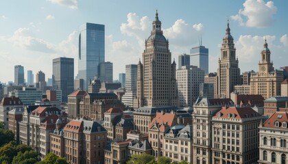 Obraz premium Cityscape of Modern and Historic Architecture Against Blue Sky