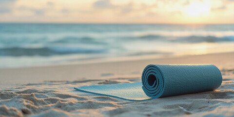 Yoga mat resting on the beach during a sunset  