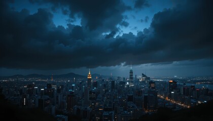 Nighttime Cityscape with Dramatic Clouds and Shimmering Lights