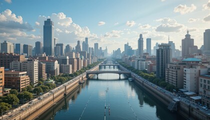 Obraz premium Urban Skyline with River and Bridges Under Sunny Blue Sky