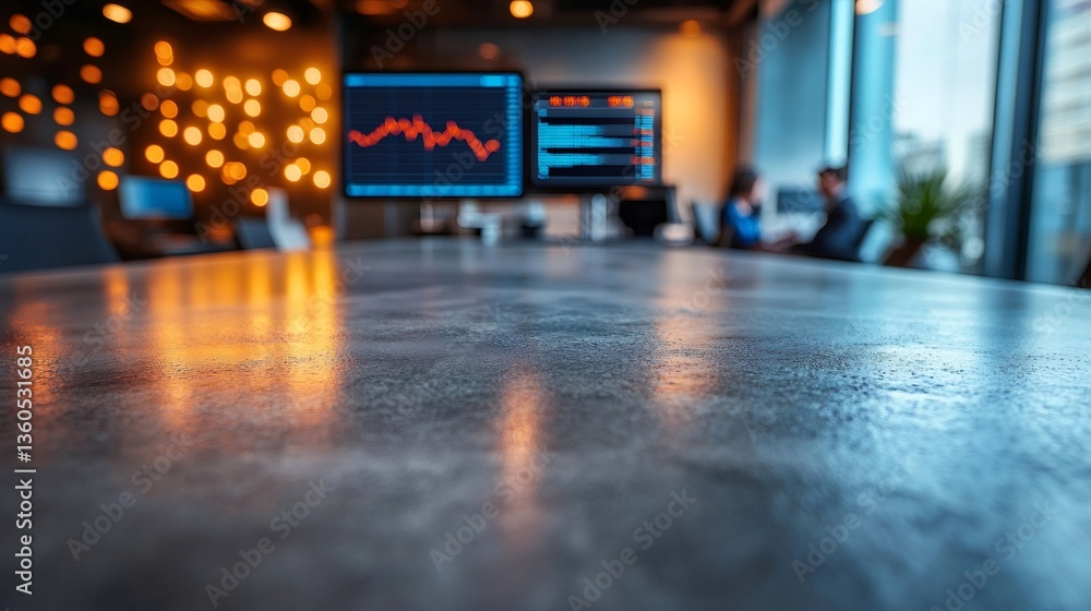 Poster empty desk reflecting warm lights in a modern office with stock market charts displayed on screens