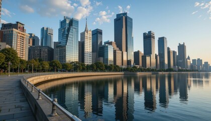 Obraz premium Serene Urban Skyline Reflection at Dawn by the Water's Edge