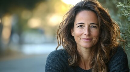 Obraz premium Portrait Beautiful Woman Smiling with Brown Hair, Natural Beauty and Peaceful Expression