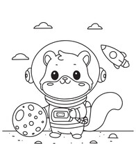 coloring book squirrel astronaut with a moon and rocket among clouds. Fun line art for coloring, featuring a space adventure