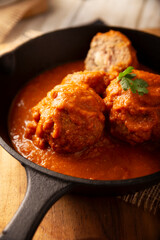 Meatballs in red chipotle chili and tomato sauce, ground pork or beef stuffed with cheese. A very popular homemade food recipe in Mexico and other countries, commonly served with rice.