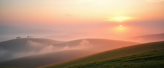 Misty dawn, soft pastel hues paint gentle rolling hills, peaceful morning light, sky, rural, peaceful morning