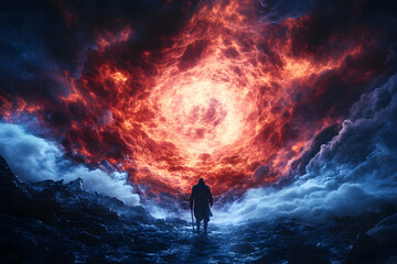Lone Figure Faces Infernal Vortex, Apocalyptic Landscape