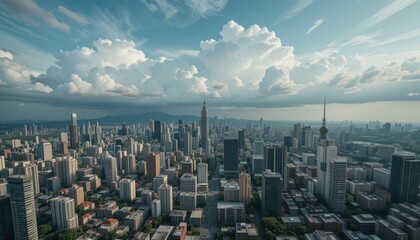 Fototapeta premium Aerial View of Urban Skyline with Dramatic Cloud Formation