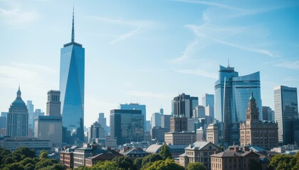 Obraz premium Modern Urban Skyline with Skyscrapers and Clear Blue Sky