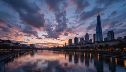 Fototapeta premium Beautiful Sunset Reflection Over City River with Skyscrapers