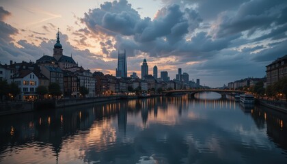 Naklejka premium Serene Evening Skyline Reflection in Urban River During Sunset