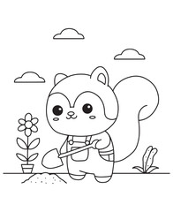Coloring book squirrel gardener with a shovel and potted flower. Fun line art for coloring, featuring a nature scene with clouds 