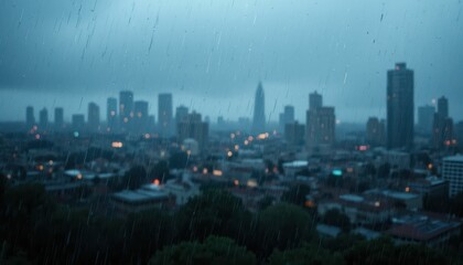 Fototapeta premium Cityscape in Rainy Weather with Urban Skyline and Drizzling Effect