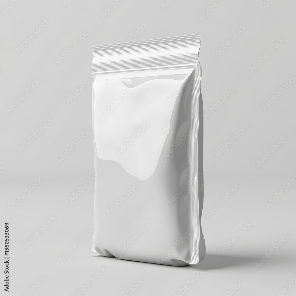 Poster clean mockup of a standing white pouch: packaging ready for branding and design display on a grey ba
