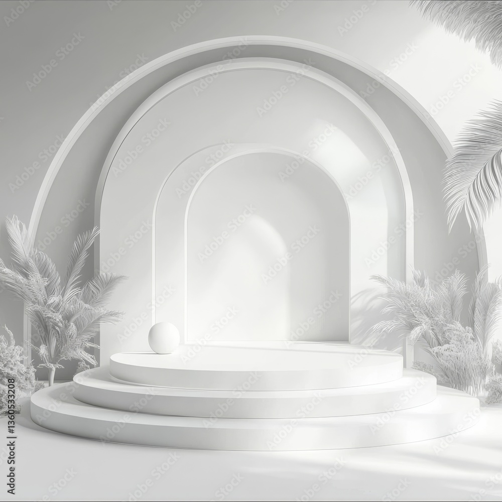 Poster elegant white arch product display podium with botanical elements for showcase and promotion