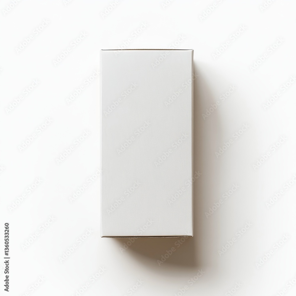 Poster elevated view showcasing a pristine, blank white box on a minimalist, neutral surface, casting soft 