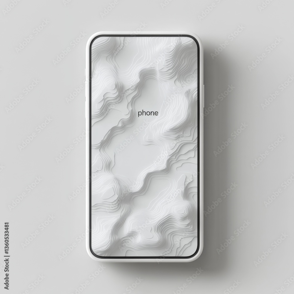 Poster minimalist white phone mockup featuring topographic map design for clean and modern tech presentatio