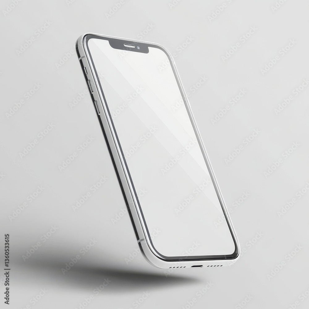 Poster Sleek Silver Smartphone Mockup with Floating Effect and Blank Screen Display, Ideal for UI/UX Design Showcase