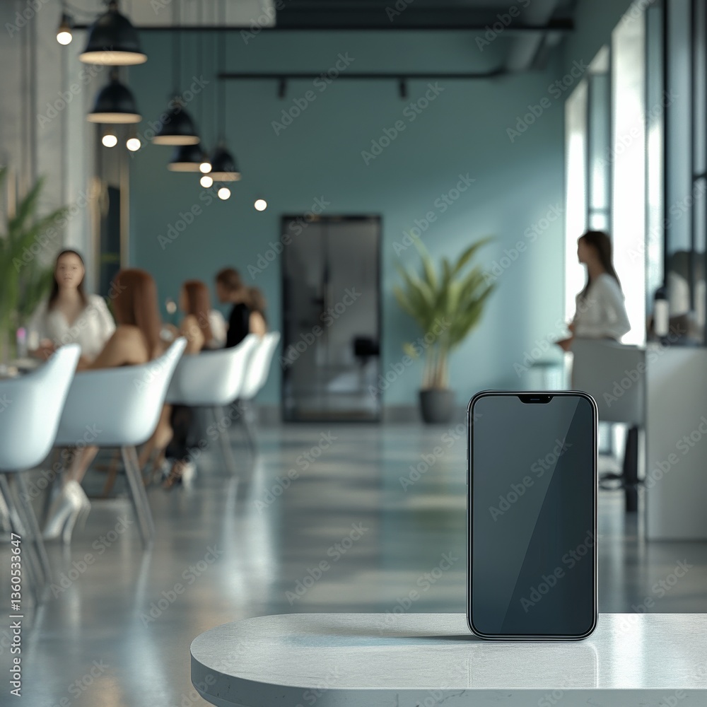 Poster smartphone display on marble table in modern restaurant setting with blurred background of diners an