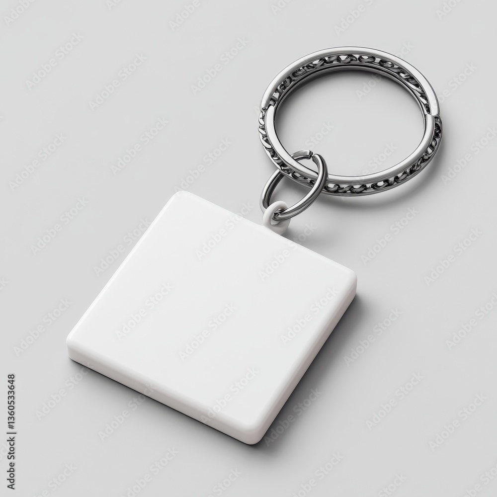 Aufkleber square white keychain mockup with silver key ring on light gray surface - minimalist product display