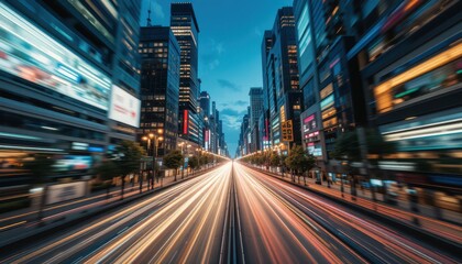 Obraz premium Dynamic City Street at Dusk with Light Trails and Urban Skyscrapers
