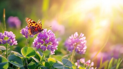 Beautiful Butterfly on Purple Clover Flowers in Sunny Meadow Summer Nature Scene Peaceful Vibrant Colors Wildlife Photography Idyllic Springtime      
