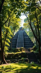 Ancient stone pyramid hidden in a lush forest, sunlight dappling through leaves, history, sunlight, wonder