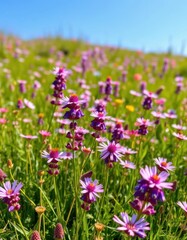 Obraz premium A vibrant meadow ablaze with purple and pink wildflowers, bathed in the sunlight of a clear blue sky, idyllic, wildflowers