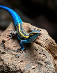 Naklejka premium Blue-tailed skink basking on a rock, showing vibrant blue tail, australia, macro photography