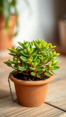 Fototapeta premium Charming inch plant in a tiny terracotta pot with vibrant green foliage, thriving, rustic, decoration