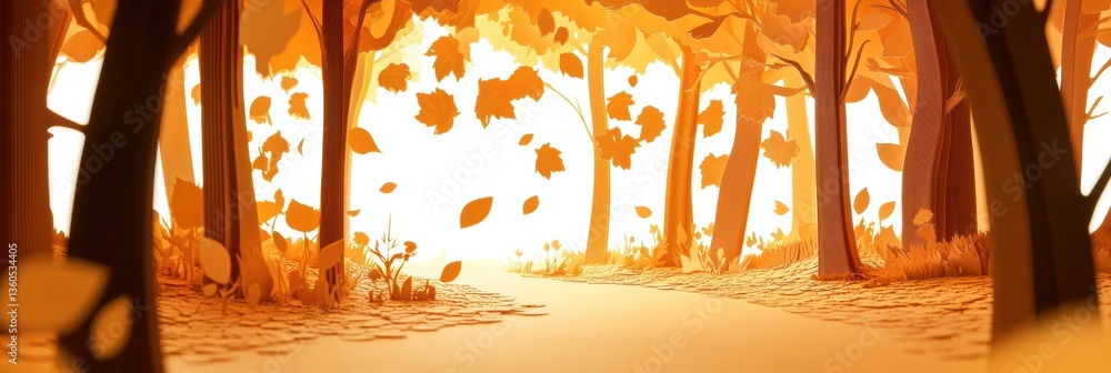 Aufkleber layered paper cut artwork of a cozy autumn forest with golden leaves and soft light filtering throug
