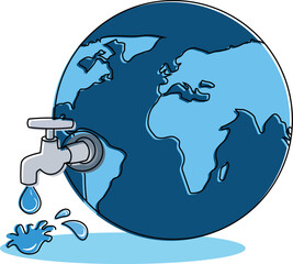 blue world globe with tap with drop of water flowing for water day illustration, Earth with water conservation, Water dripping from tap art, Globe with faucet, Earth with leaking water tap,  save wate