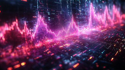 Fototapeta premium Abstract digital interface with glowing neon lines and geometric shapes. The composition includes intricate patterns and light trails, creating a sense of futuristic technology. Predominant colors are