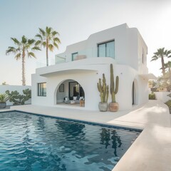 Fototapeta premium Panoramic photo of a modern house with outdoor and indoor lighting, at night 