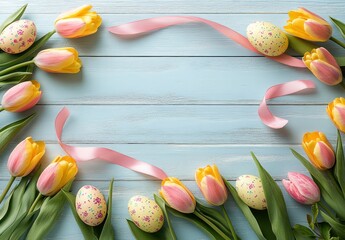 Colorful Spring Arrangement with Tulips, Easter Eggs, and Pink Ribbons on Light Blue Wooden Background for Easter Celebration and Festive decor