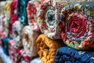 Colorful rolled quilts displayed in a market stall, showcasing various patterns and textures