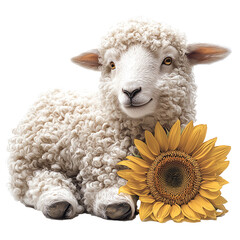 Fluffy sheep enjoys a sunny day by a vibrant sunflower in a peaceful meadow