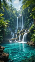 Naklejka premium Serene Tropical Waterfall Surrounded by Lush Greenery and Rocks