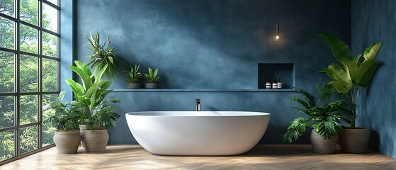 Modern blue bath with plants, and window.