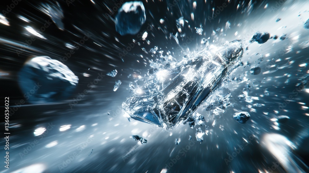 Poster spaceship navigating through an asteroid field in a vibrant cosmic environment of blue and orange hu