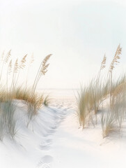 Soft pastel beach dunes create a tranquil pathway to the serene ocean